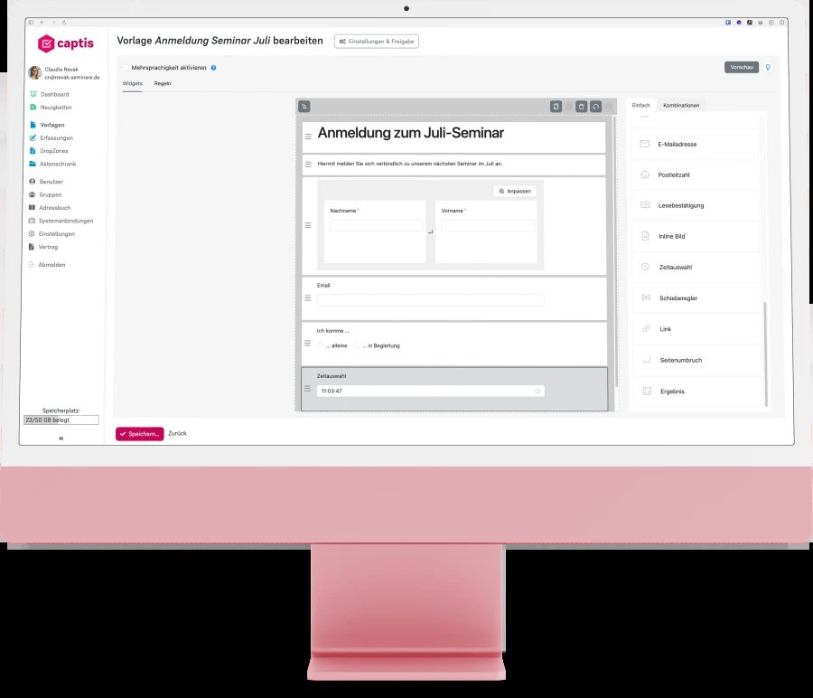 iMac mit capt.is: Ein Anmeldeformular wird im Formular-Baukasten bearbeitet