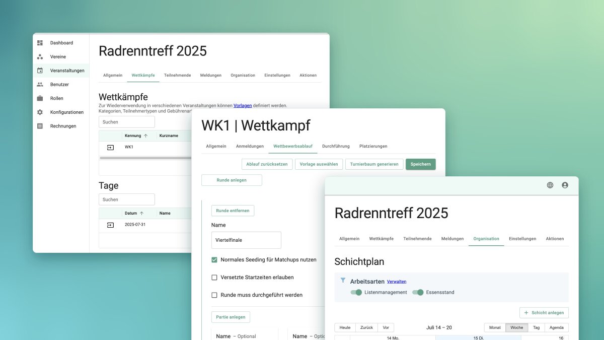 Drei Ansichten aus Ready2Race: Wettkampfplanung, Wettbewerbsablauf mit Turnierbaum-Generator und Schichtplan für Helfende